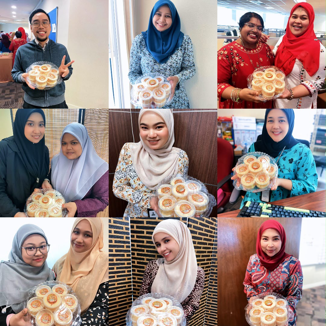 Rakan sekerja pejabat dengan tray mini puding