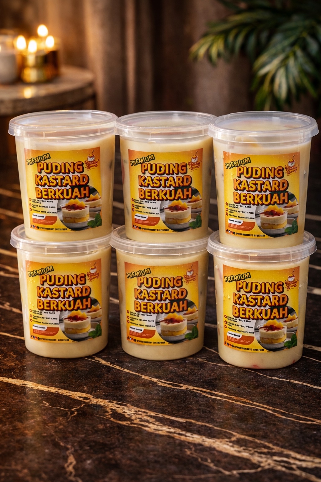 Mini Puding Kastard Berkuah — enam cup di atas meja marmar