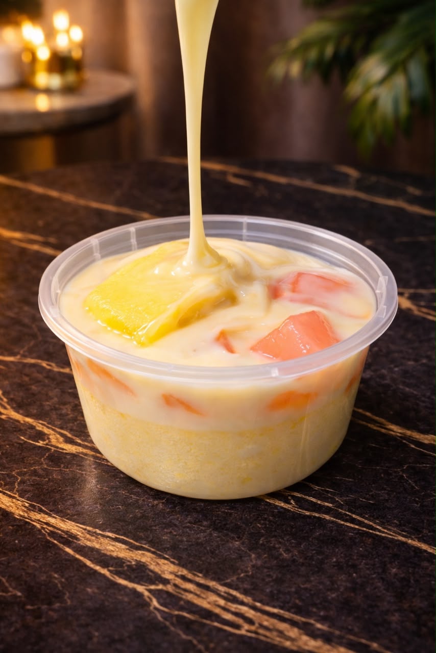 Premium Puding Kastard Berkuah — kuah kastard dituang ke atas puding segar